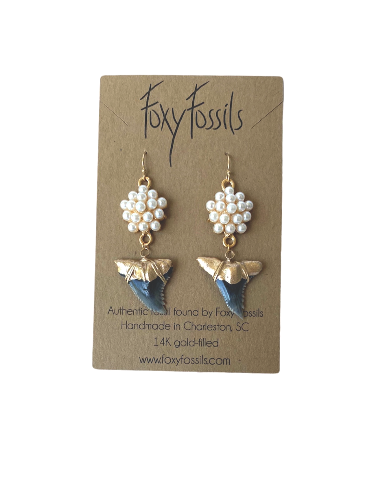 hemi earrings authentic fossil shark tooth earrings gold tip with cluster of pearls-ethically sourced fossilized earrings—Foxy Fossils 