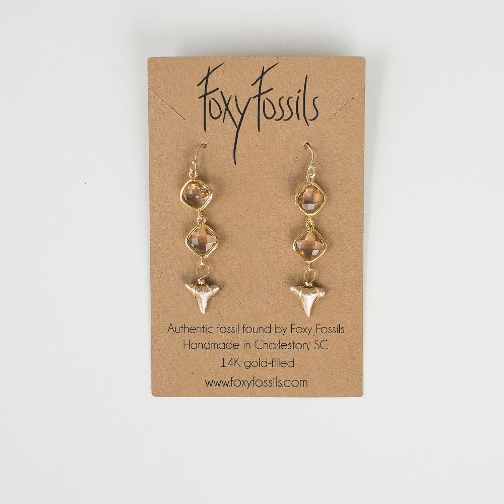 gold shark tooth dangle earrings champagne stones —Foxy Fossils 