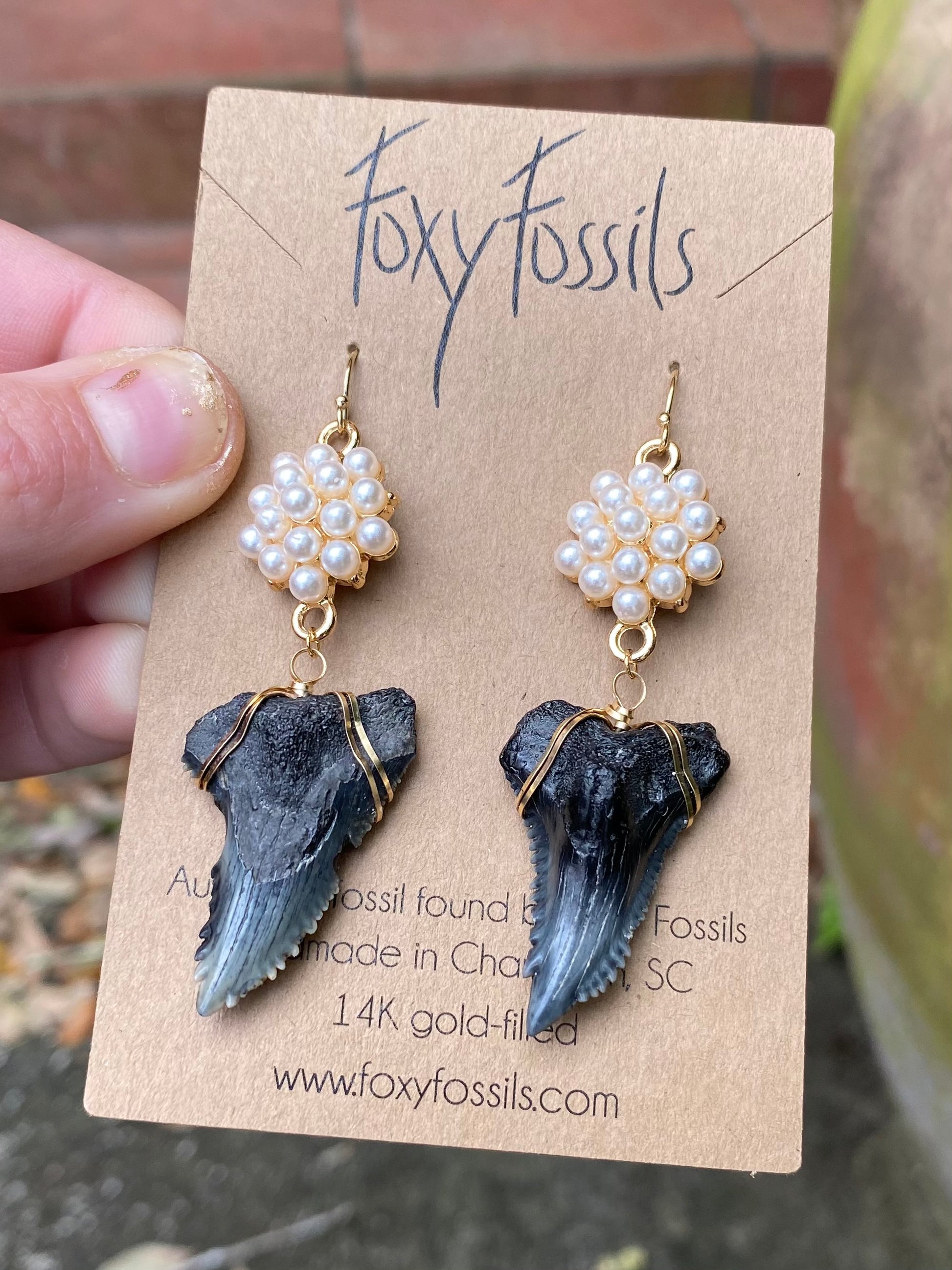 hemipristis serra snaggletooth shark teeth earrings with pearls side view — Foxy Fossils 