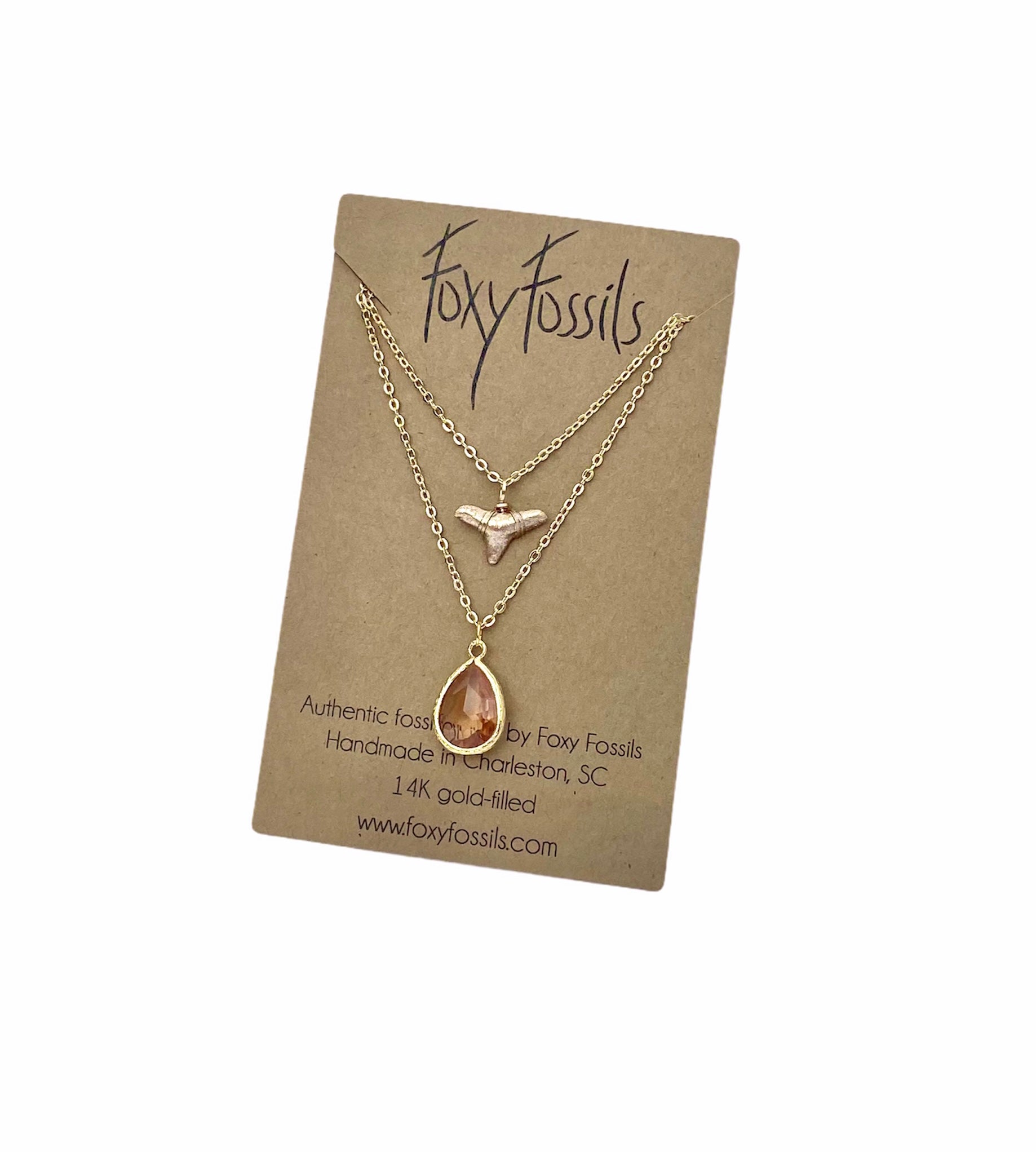 dainty gold shark tooth layered necklace with champagne glass pendant—ethically sourced real shark tooth—inner mermaid—Foxy Fossils 