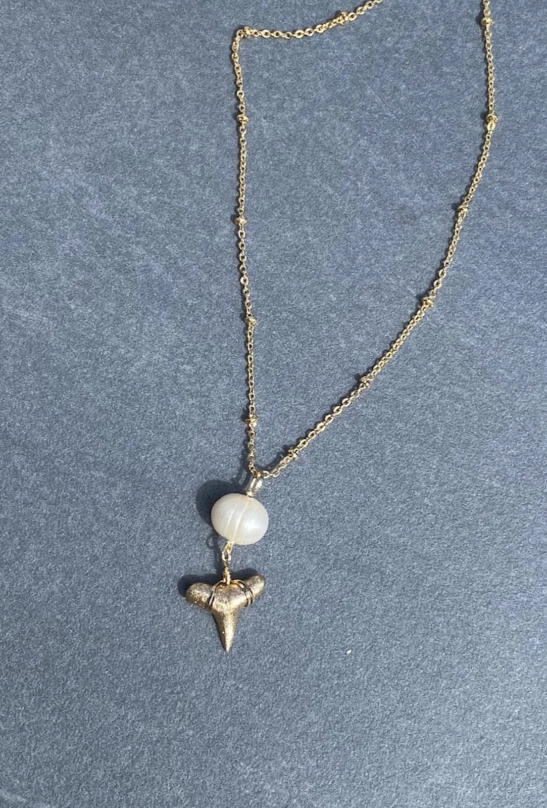 gold shark tooth necklace with pearl - foxy fossils