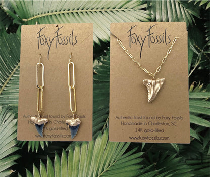 hemi and her shark tooth earrings with real fossilized shark teeth by foxy fossils