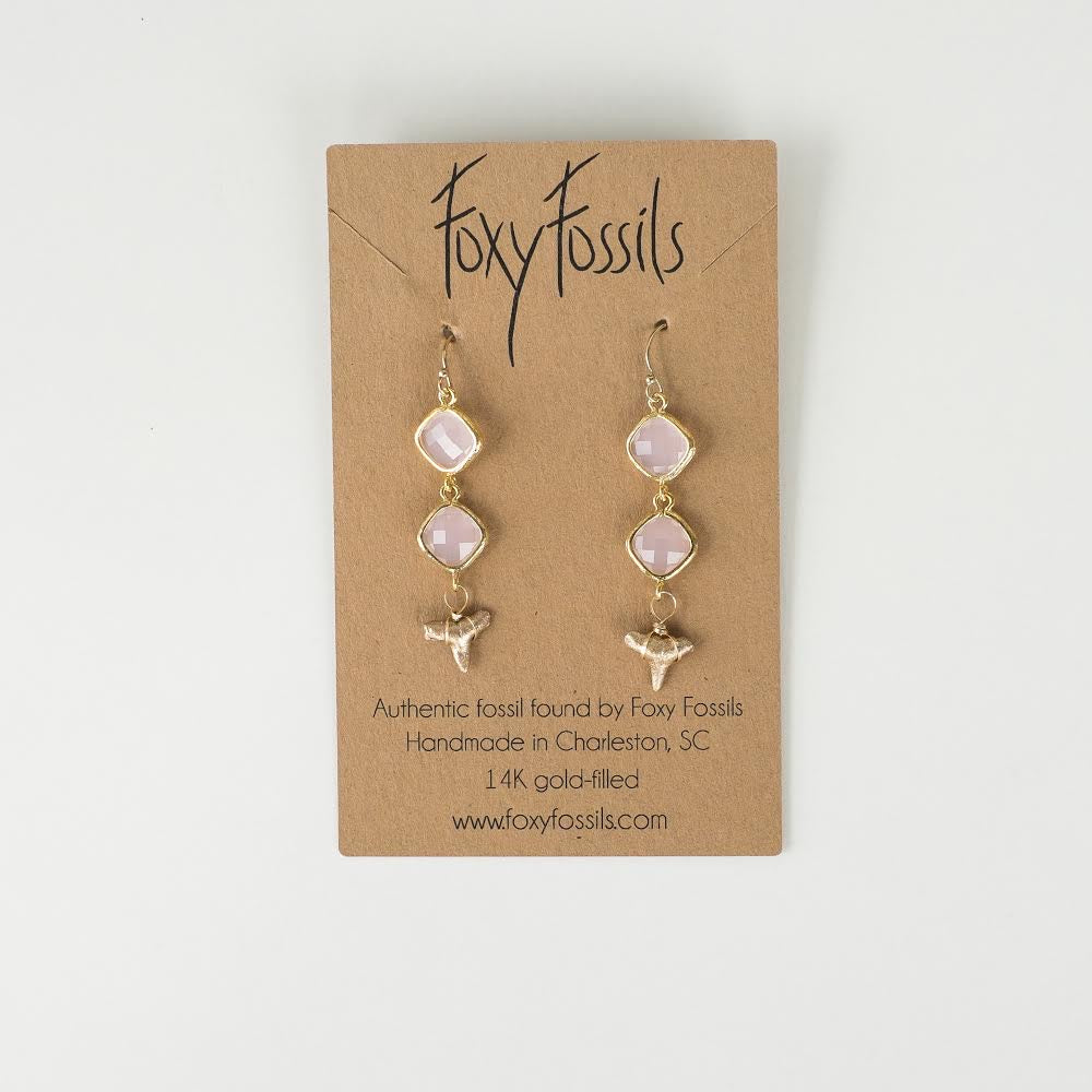 gold shark tooth dangle earrings light pink stones —Foxy Fossils 