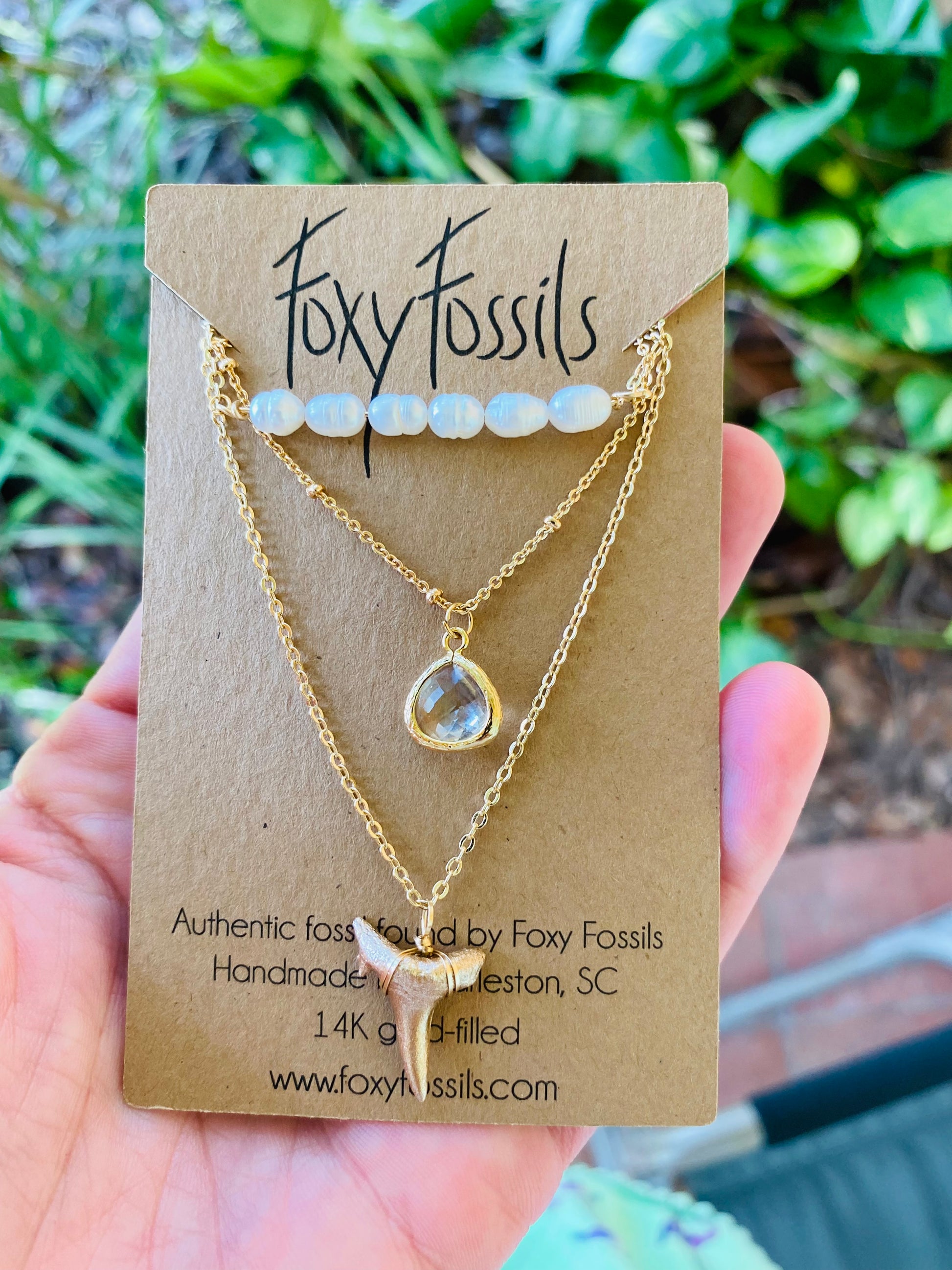 14k gold layered shark tooth and pearl necklace using ethically collected shark teeth fossilized-foxy fossils