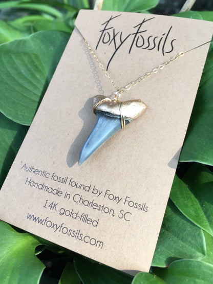 rare large mako shark tooth fossil pendant necklace gold dipped-ethically sourced-side view-Foxy Fossils 