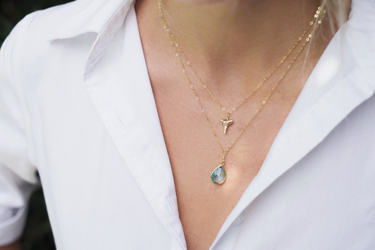 double layered gold shark tooth necklace with aquamarine charm and real shark tooth —Foxy Fossils 