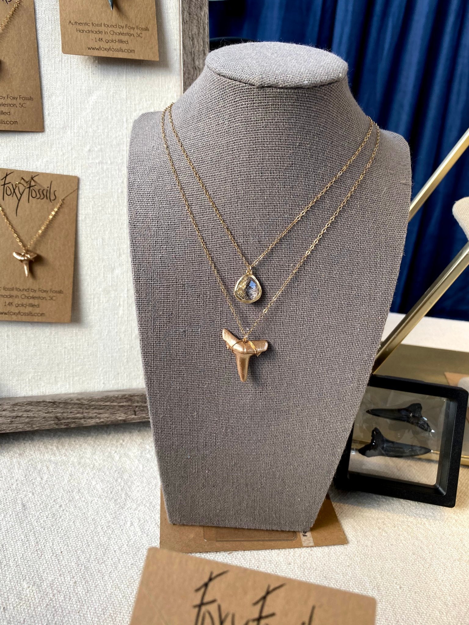 double layer real shark tooth necklace with gold fossil shark tooth pendant - foxy fossils