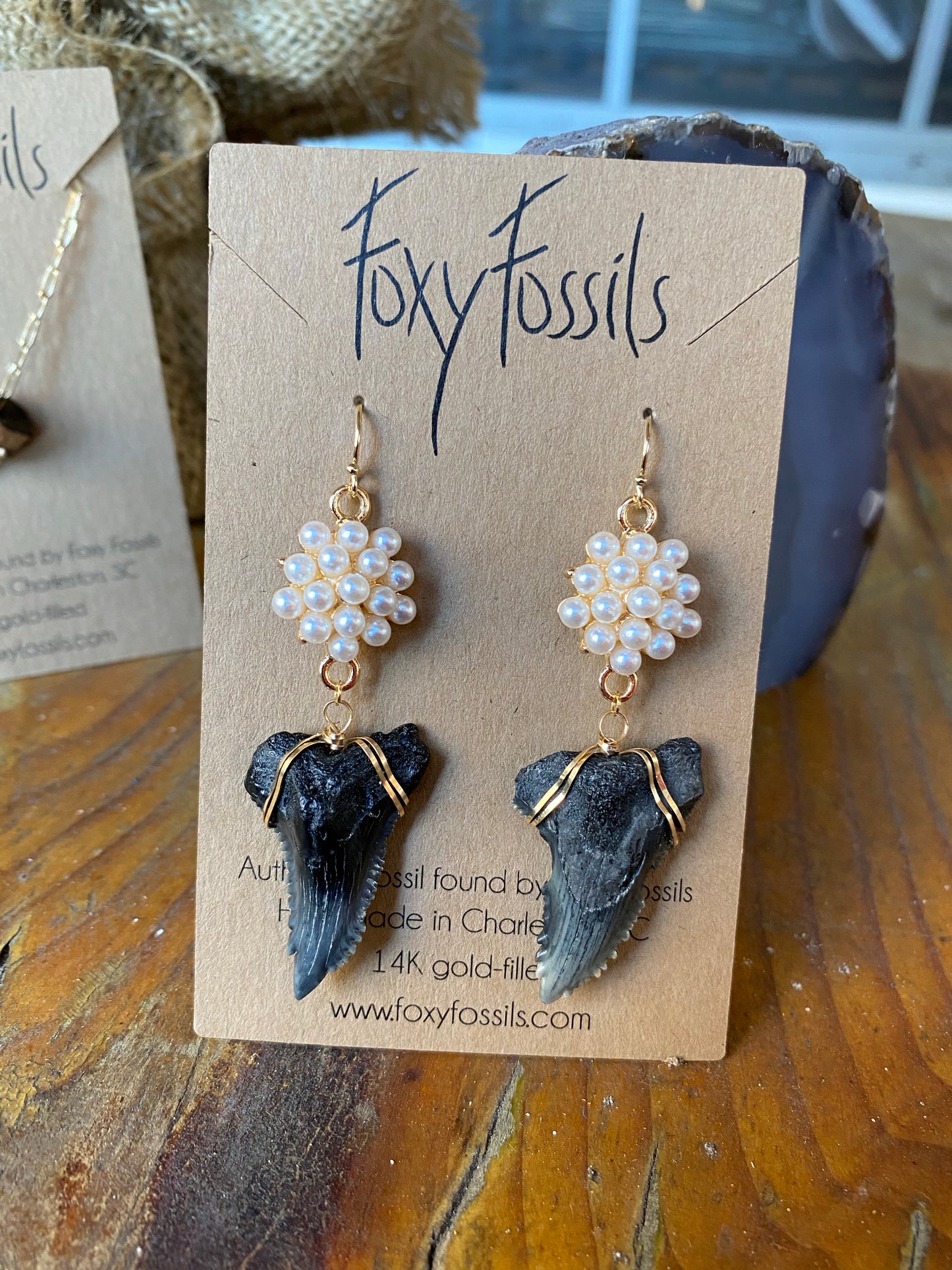 hemipristis serra snaggletooth shark teeth earrings with pearls 14kt gold filled— Foxy Fossils 