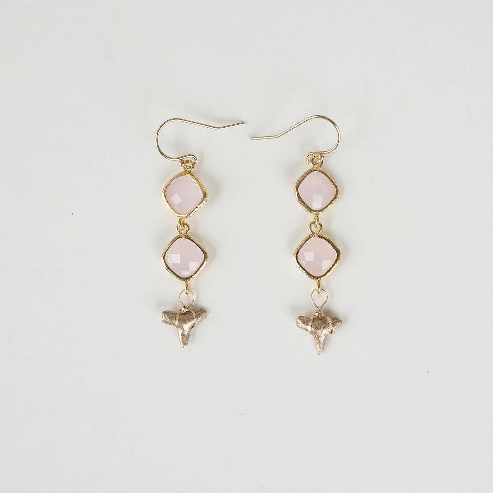 gold shark tooth dangle earrings light pink stones —Foxy Fossils 