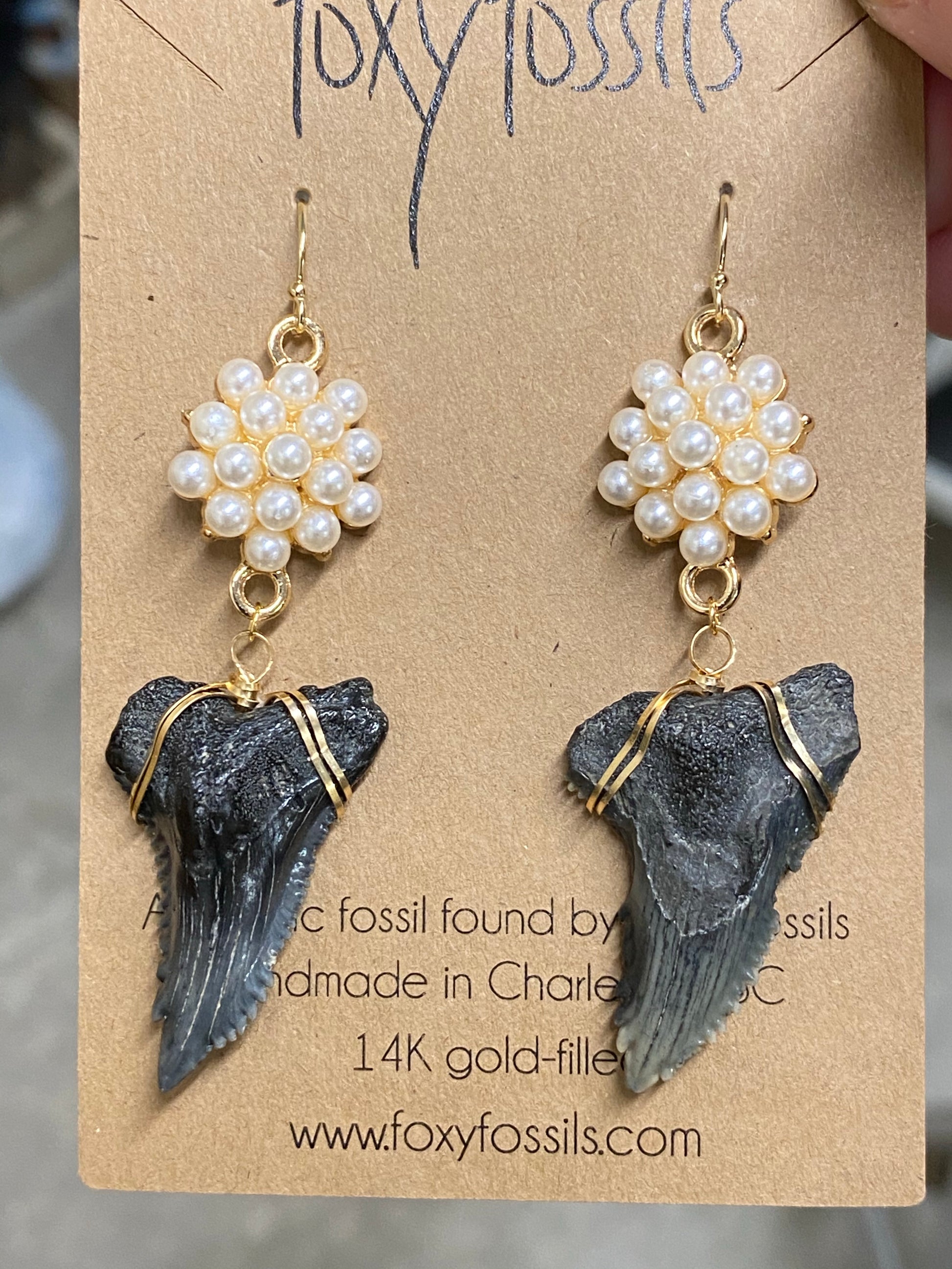 natural huge snaggletooth shark teeth and pearl earrings — Foxy Fossils 
