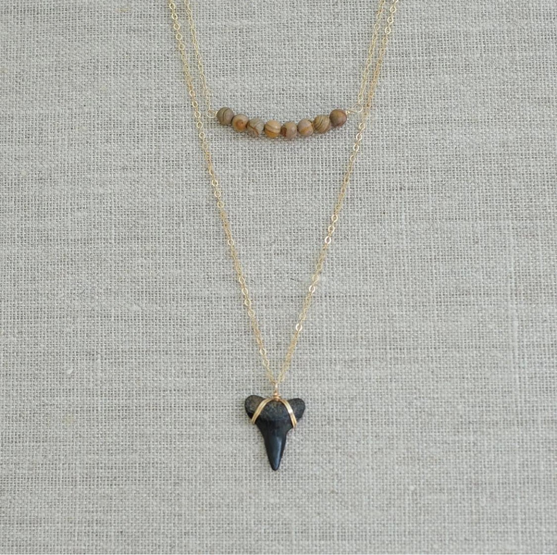 double layer jasper stone and black shark tooth wire wrapped in gold necklace-foxy fossils