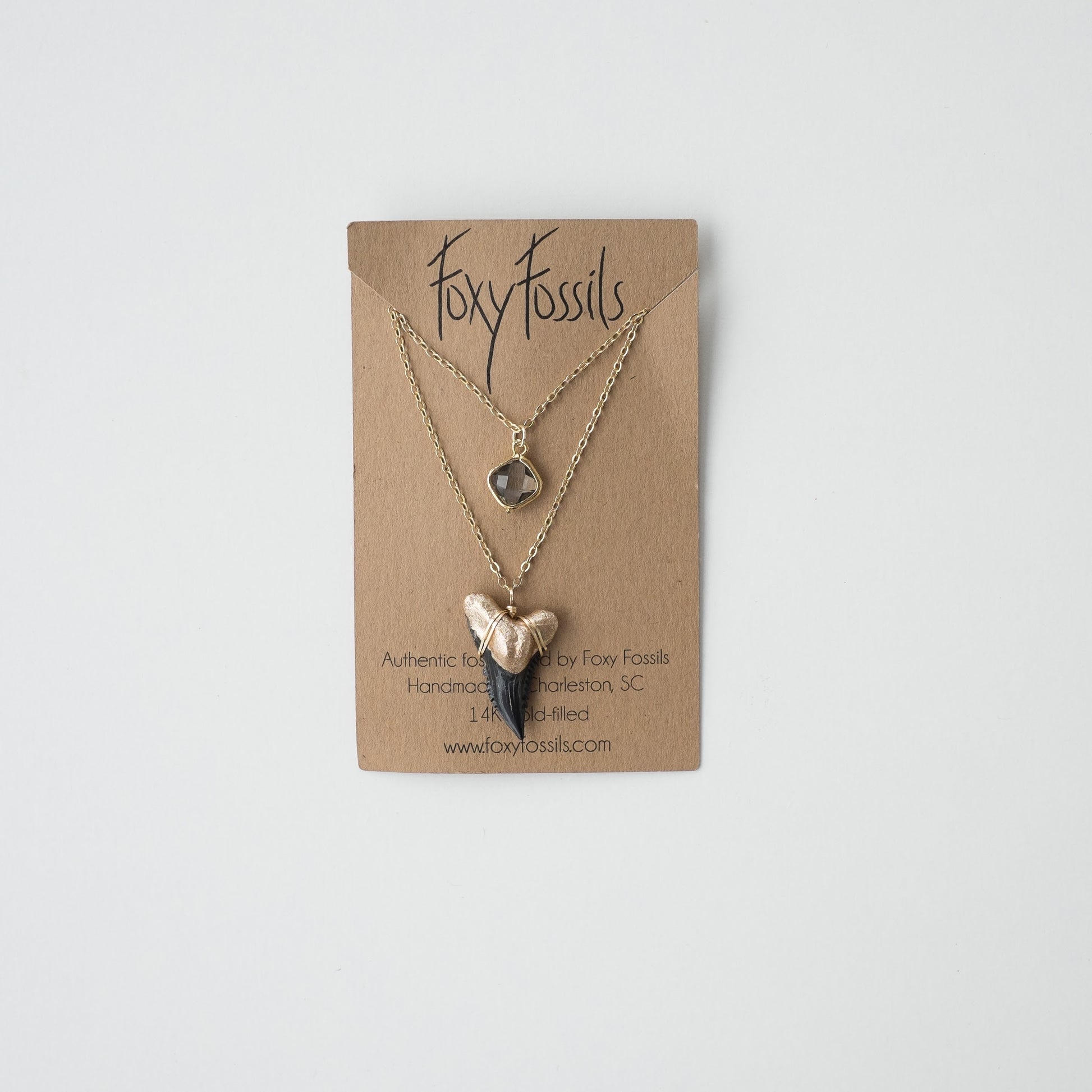 snaggletooth shark tooth layered necklace-sustainable shark jewelry using hemipristis serra fossils-foxy fossils