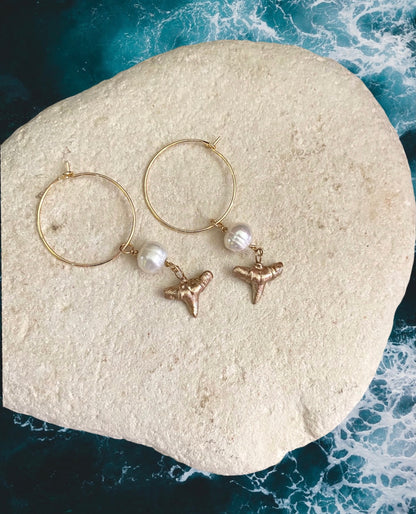 gold shark tooth and pearl hoop earrings-Sullivan’s Island shark jewelry-elegant fossil earrings-Foxy Fossils 