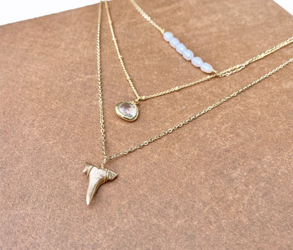 layered gold shark tooth and pearl necklace with real fossilized shark tooth found ethically, sustainably, and legally -foxy fossils
