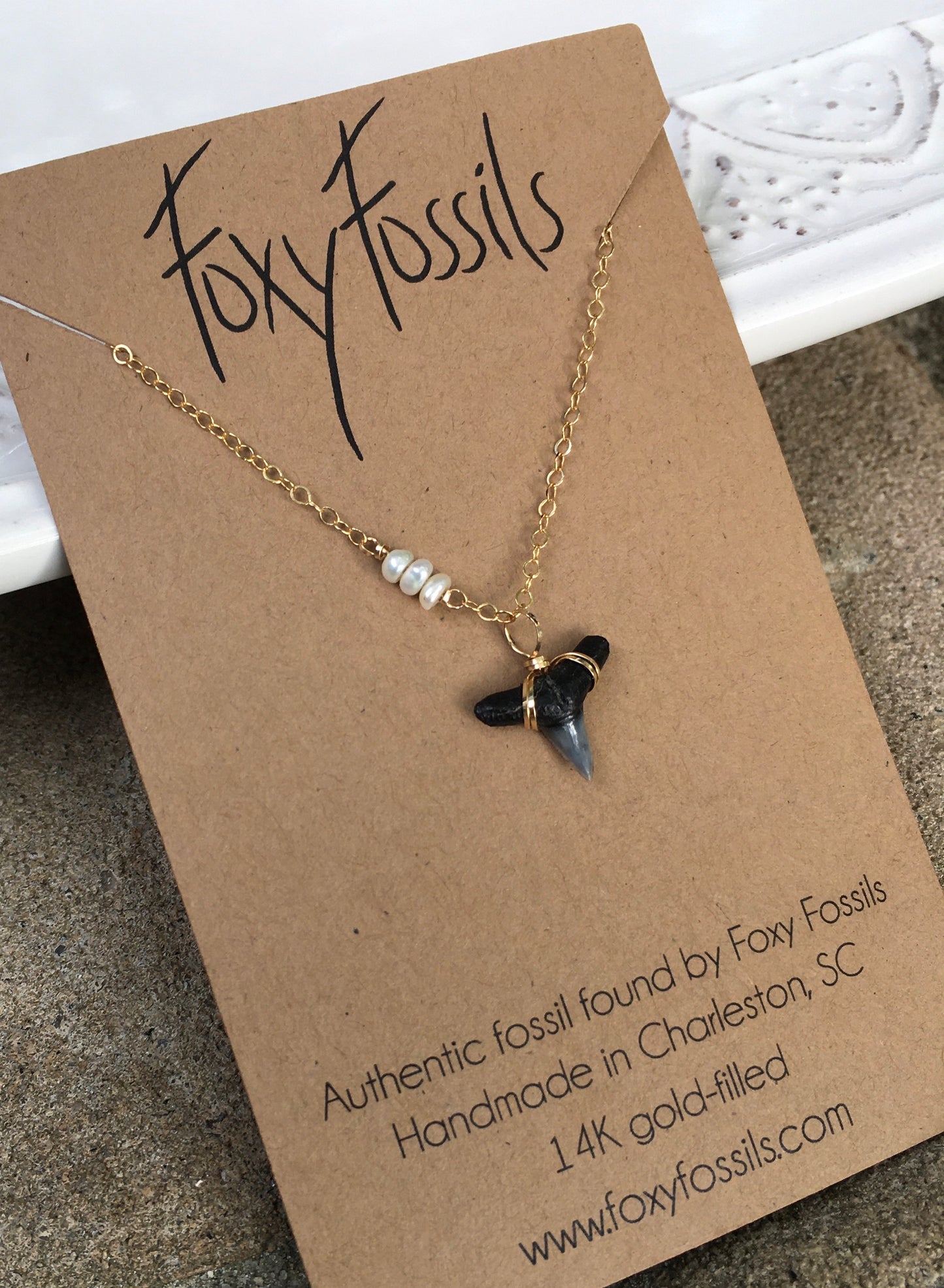 dainty gold wire wrapped shark tooth necklace with tiny pearls—ethically sourced real fossilized shark tooth pendant—Foxy Fossils 