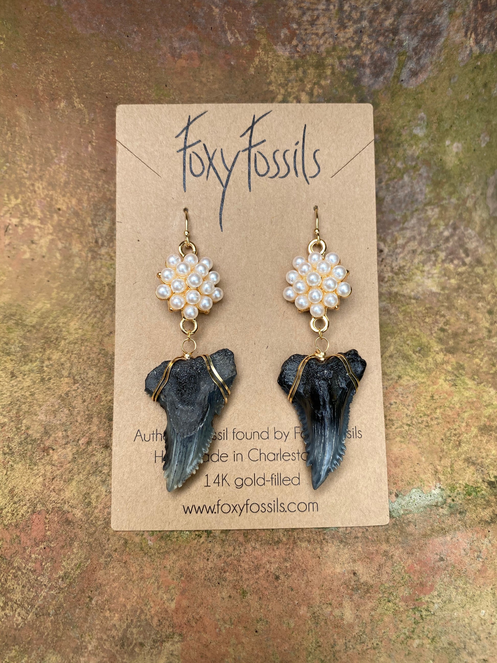 huge hemipristis snaggletooth shark teeth and pearl earrings — Foxy Fossils 