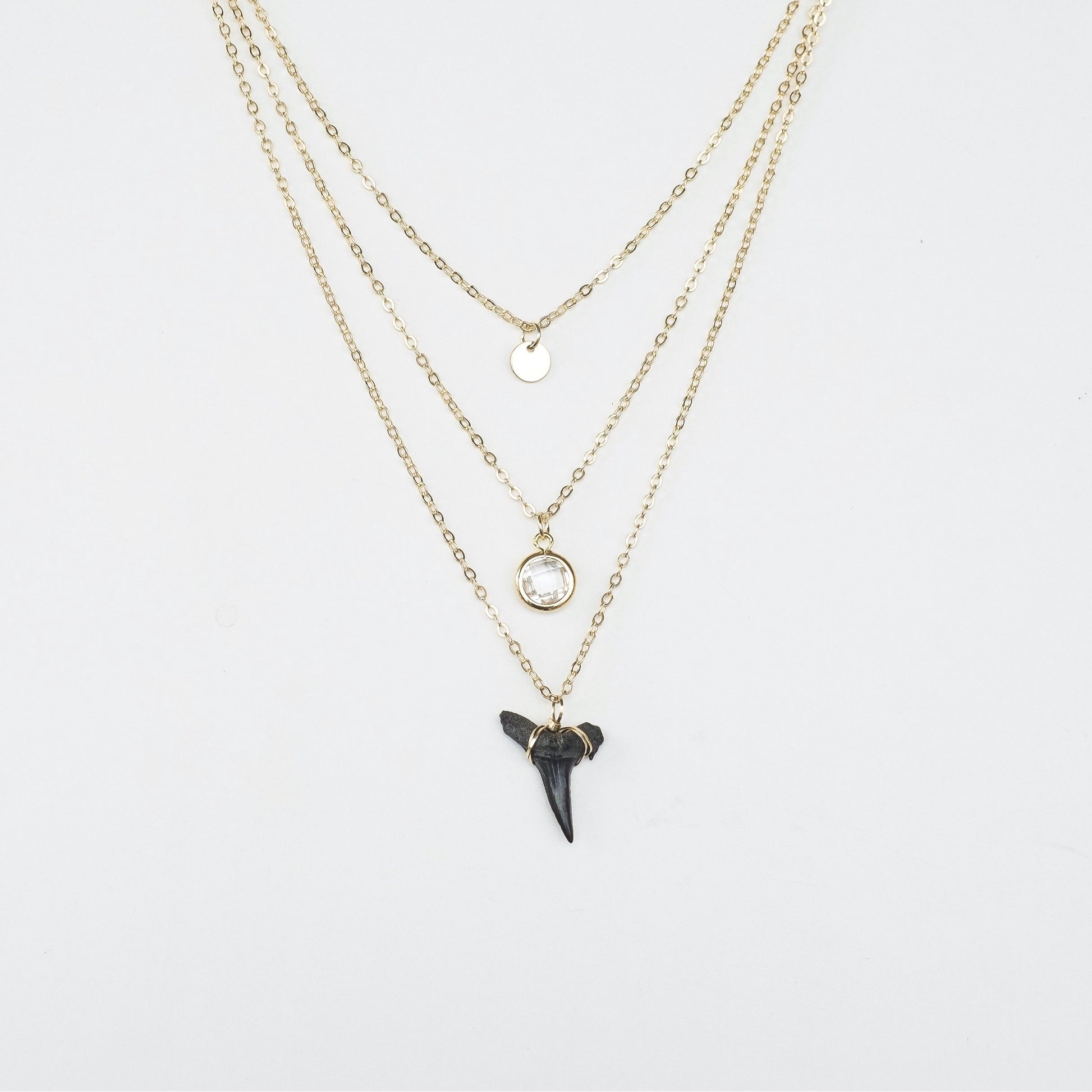 real shark tooth dainty layering necklace - natural shark tooth fossil from prehistoric sand tiger shark; elegant triple layer shark tooth necklace