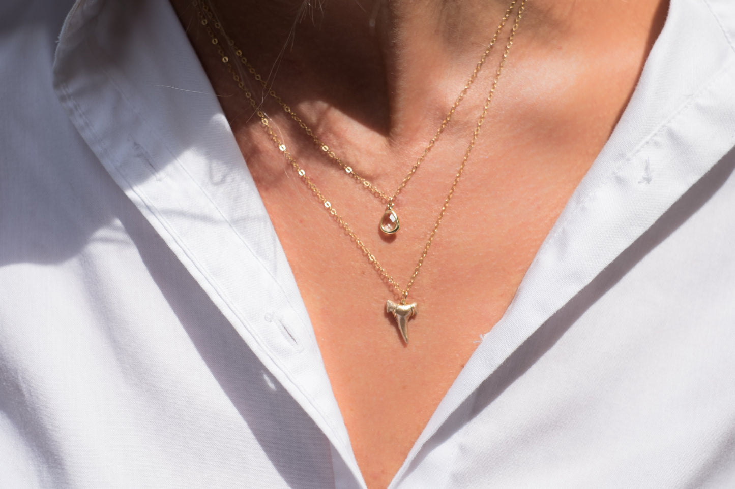 2 layer gold shark tooth necklace featuring real fossil shark tooth Coastal Chic Custom - Foxy Fossils