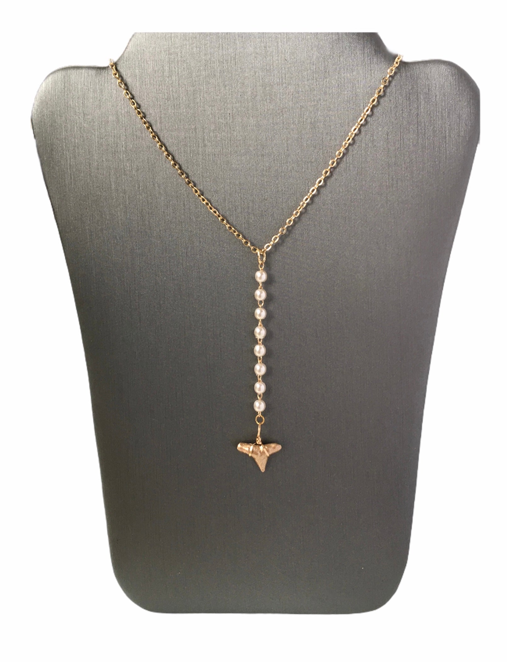 elegant shark tooth and pearl drop necklace - foxy fossils