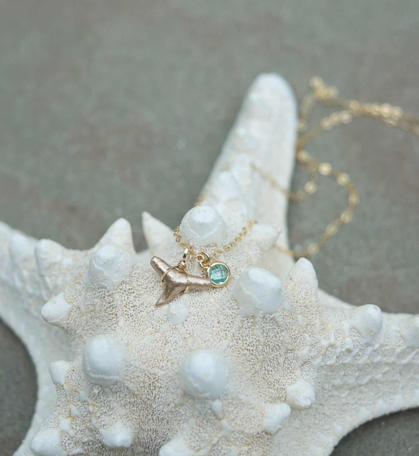 Sandy gold shark tooth necklace with aquamarine charm- Foxy Fossils