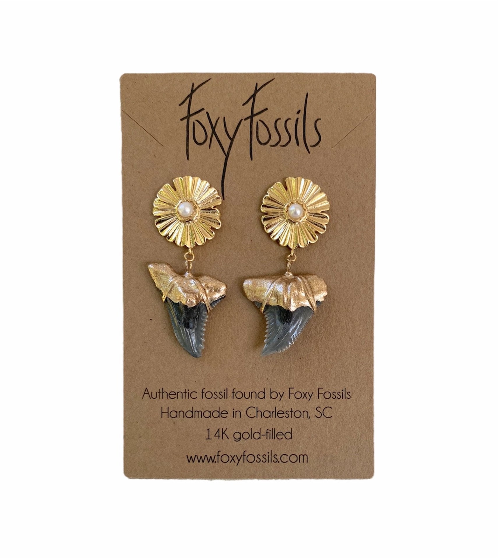 real fossilized shark teeth earrings gold tip hemipristis serra snaggletooth shark teeth earrings on gold sunburst ear studs with pearl-hemi and her—Foxy Fossils 