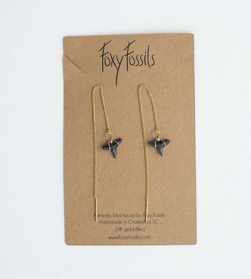 pair of real fossil shark tooth threader earrings